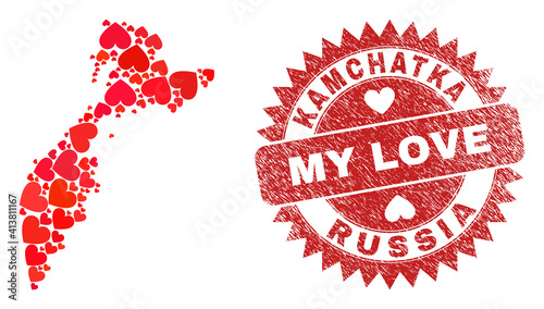Vector mosaic Kamchatka map of lovely heart items and grunge My Love badge. Mosaic geographic Kamchatka map constructed with valentine hearts.