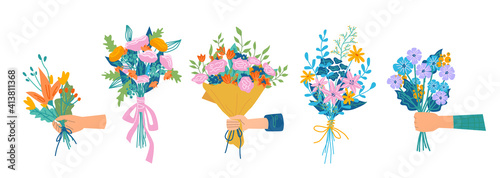 Floral composition in bouquet, isolated set of hands holding flowers in blossom. Botany and decoration. Decorative botany, flora and branches with petals and leaves, vector in flat cartoon style