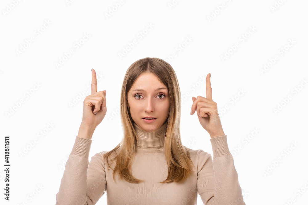 Portrait of attractive girl pointing fingers up, showing good shopping site, recommend click link, upload app Portrait of attractive girl pointing fingers up, showing good shopping site, recommend click link, upload app