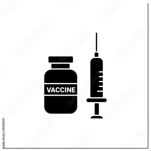Coronavirus vaccine glyph icon.Vaccine bottle and injection syringe. Vaccine development.Stop coronavirus. Covid19 disease vaccination concept.Filled flat sign. Isolated silhouette vector illustration
