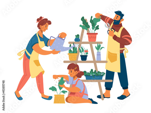 People mother father and girl planting flowers at home isolated flat cartoon characters. Vector wife watering plants, husband cutting leaves by cutters, daughter fertilize plant, hobby leisure time