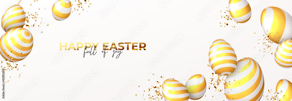Happy Easter horizontal banner. White eggs with golden stripes and golden confetti. Vector illustration with 3d decorative objects. Greeting banner. - obrazy, fototapety, plakaty 