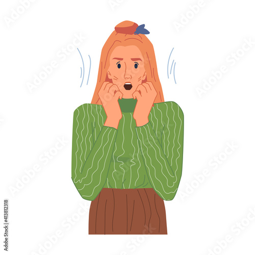 Shocked female character, amazed woman emotion isolated flat cartoon girl in stress. Vector surprised astonished and confused lady. Frightened blonde expressing emotion of fear or excitement