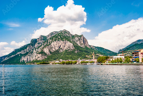 Lake Como and the city of Lecco seen from the water, on the background Mount San Martino, Lombardy, northern Italy photo