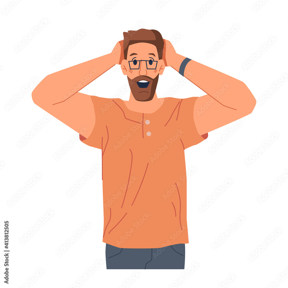Fototapeta premium Excited or surprised male personage with smile and joy on face. Reaction of man showing amazed facial expression. Emotional bearded guy wearing glasses. Cartoon character, vector in flat style