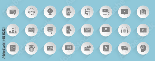 e-learning vector icons on round puffy paper circles with transparent shadows on blue background. e-learning stock vector icons for web, mobile and user interface design