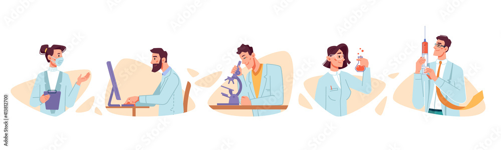 Creation and testing vaccine, scientist fight against coronavirus covid 19 flat cartoon characters set. Vector medicines search immunization to corona disease. Laboratory workers doctor with syringes