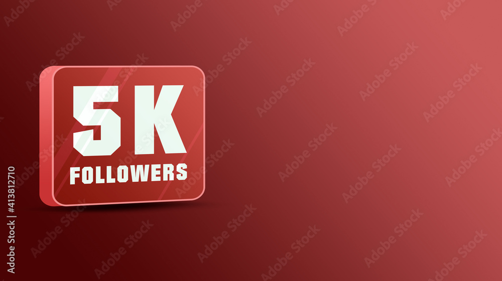 Icon 5k followers in social networks, glass icon 3d. Social media notifications subscribers. Red background Icon 5k followers in social networks, glass icon 3d. Social media notifications subscribers. Red background