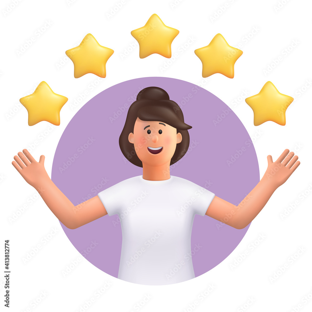 3D cartoon character. Young woman points to the stars, good review. Customer review rating and client feedback concept. Smiling cute brunette girl. 3d vector illustration. 3D cartoon character. Young woman points to the stars, good review. Customer review rating and client feedback concept. Smiling cute brunette girl. 3d vector illustration.