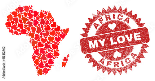 Vector collage Africa map of love heart elements and grunge My Love seal stamp. Collage geographic Africa map designed with valentine hearts.