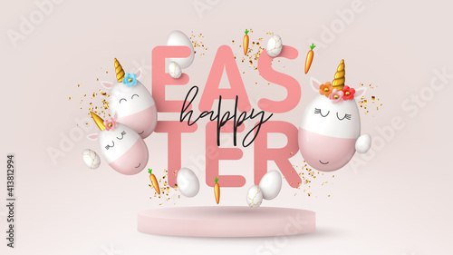 Happy Easter holiday banner. Cute unicorns from eggs with gold horns, carrots, white eggs and gold confetti on podium. Vector illustration with 3d decorative objects for Easter design.
