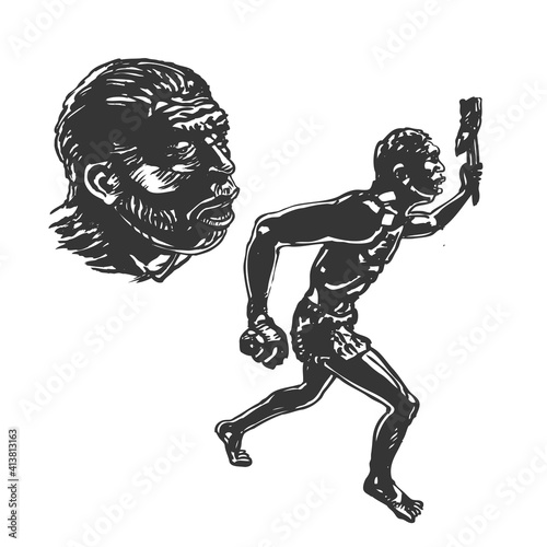 Primitive man running with a stick. Hand drawing sketch. Vector