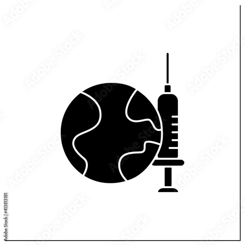 Vaccine for world glyph icon. Health care, worldwide vaccination. Cure search, vaccine development. Stop coronavirus pandemic.Covid19 disease. Filled flat sign. Isolated silhouette vector illustration