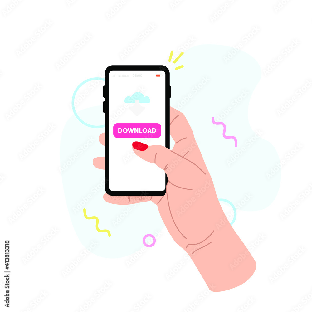 Hands holding phone. smartphone with cloud and download button. Vector ...