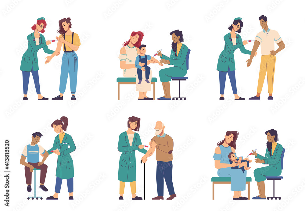 Coronavirus vaccine injection, people of different ages vaccination isolated flat cartoon characters. Vector covid 19 prevention, nurses in uniform making influenza. Immunization of adult and children