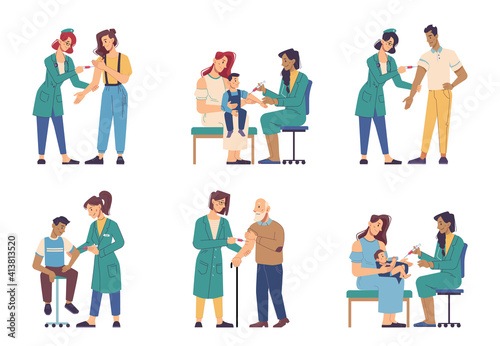 Coronavirus vaccine injection, people of different ages vaccination isolated flat cartoon characters. Vector covid 19 prevention, nurses in uniform making influenza. Immunization of adult and children