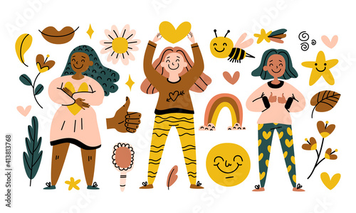 Cute hand drawn women and  funny elements. Love, self care, positive, happiness concept. Happy Eps collection isolated on white. Vector stock set of positive illustrations. Women love yourself big set