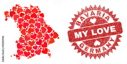 Vector mosaic Bavaria Land map of lovely heart items and grunge My Love badge. Mosaic geographic Bavaria Land map created using love hearts.