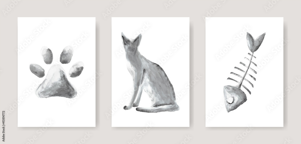 Cat with fish and paw watercolor set. Hand-painted animal print. Vector art illustration.