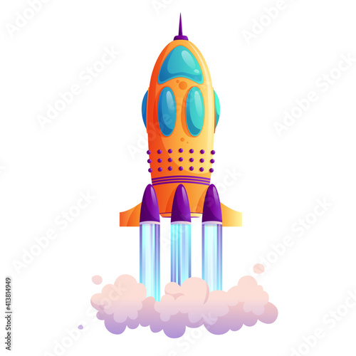 Takeoff of rocketship, traces and clouds, shuttle flight isolated cartoon icon. Vector new project or business startup concept, exploration of cosmos and space, innovation technology, vehicle liftoff
