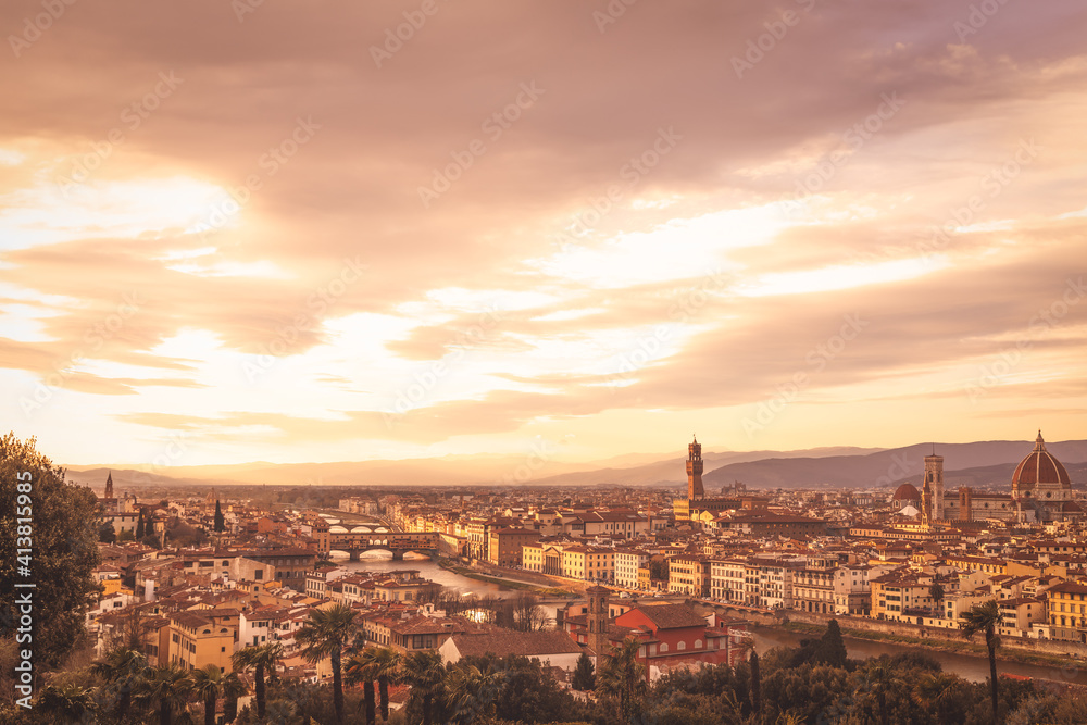 Panoramic view of Florence and its famous landmarks Palazzo Vecchio, Florence Cathedral, Ponte Vecchio (Vintage photo effect) Tuscany, Italy