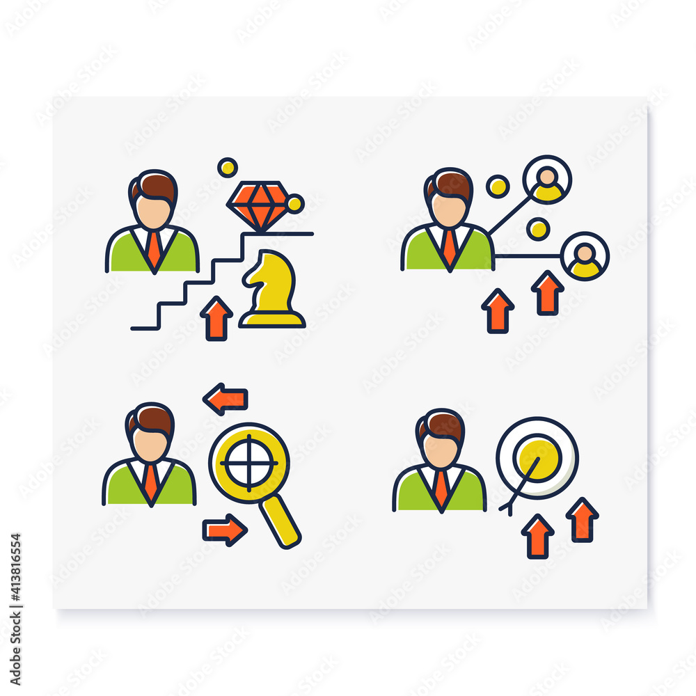 Personal growth color icons set. Consists of self knowledge, enhancing lifestyle, social relation, identifying potential. Isolated vector illustrations 