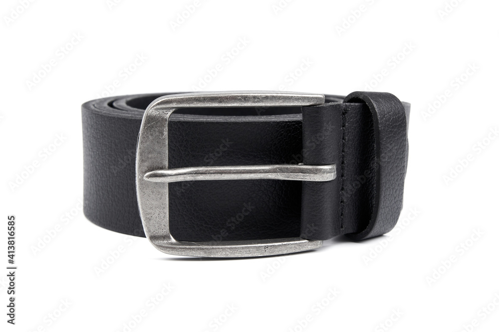 Fastened fashionable men's leather belt with dark matted metal buckle isolated on white background. Black belt for men. Black leather belt for trousers and jeans. Male accessory. Fastened fashionable men's leather belt with dark matted metal buckle isolated on white background. Black belt for men. Black leather belt for trousers and jeans. Male accessory.