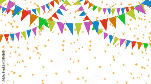 Colorful Party Flags And Confetti. Holiday Festival Design for Greeting Card, Invitation or Poster. Celebration, Party.Surprise Banner. Festa Junina Brazil. Stock vector Illustration on isolated bg. 