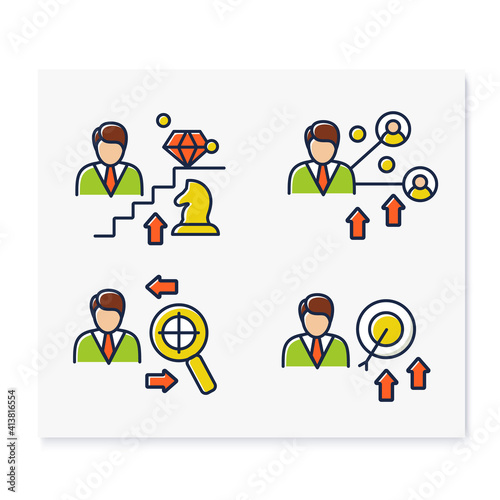 Personal growth color icons set. Consists of self knowledge, enhancing lifestyle, social relation, identifying potential. Isolated vector illustrations 