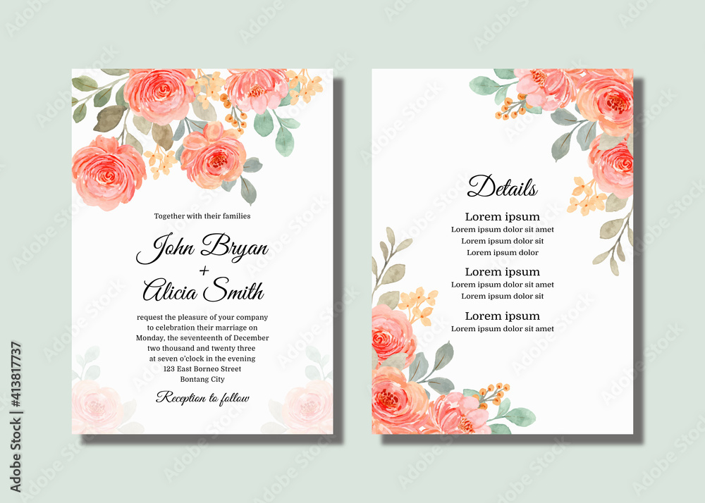 Wedding invitation card set with pink orange watercolor roses