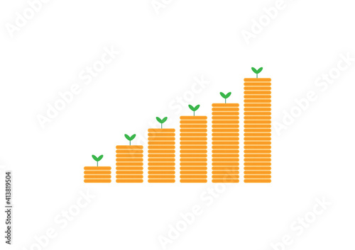 Save and investment concept for future. Golden coins stack with tree growth isolated on white background. Business success and financial growth.