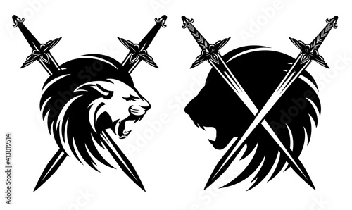 roaring lion head with crossed knight swords - medieval heraldry black and white vector design set