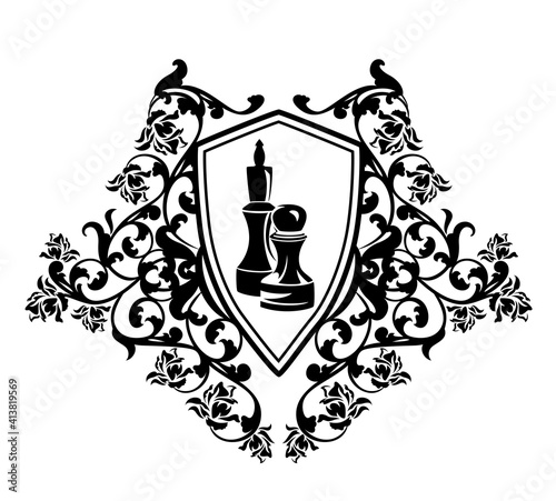 chess pawn and king pieces inside heraldic shield with rose flowers decor - sport game monochrome vector emblem design