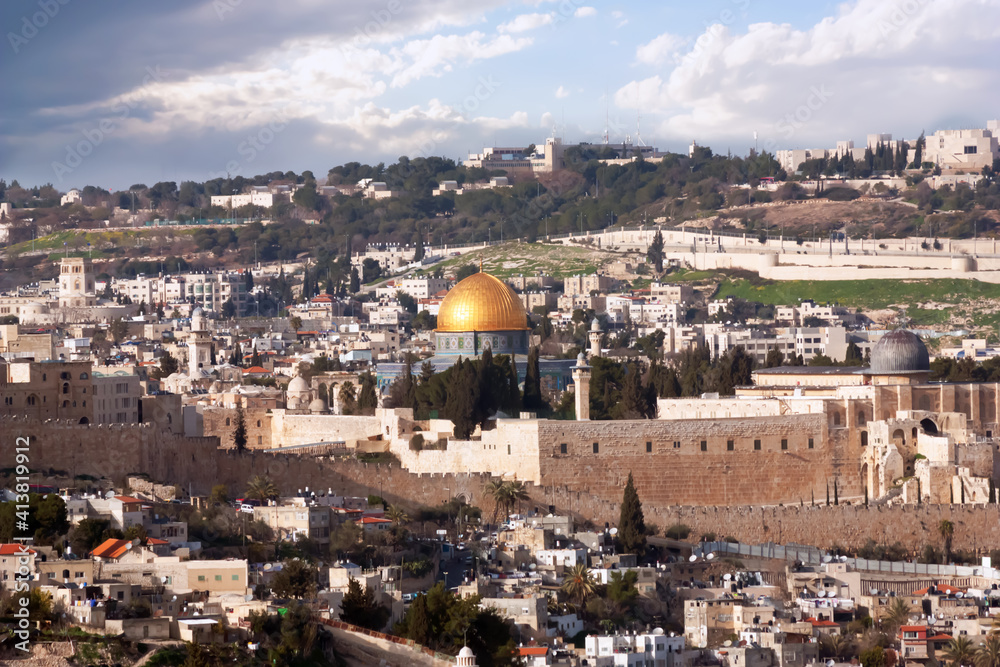 The walls of Old City of Jerusalem.Temple mount  and mosque Dome over the Rock.
