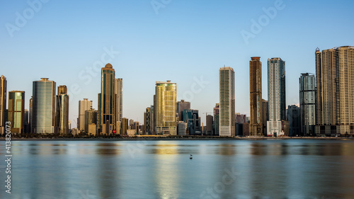 Sharjah Cityscape behind alkhan lake.
