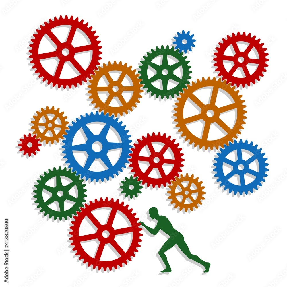 The man sets the gear mechanism in motion. Cogwheel image. Vector illustration. The man sets the gear mechanism in motion. Cogwheel image. Vector illustration.