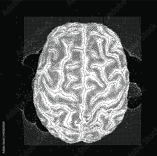 3D vector illustration of brain made of pixels and particles. Concept of neural network, neurology and neuroscience.