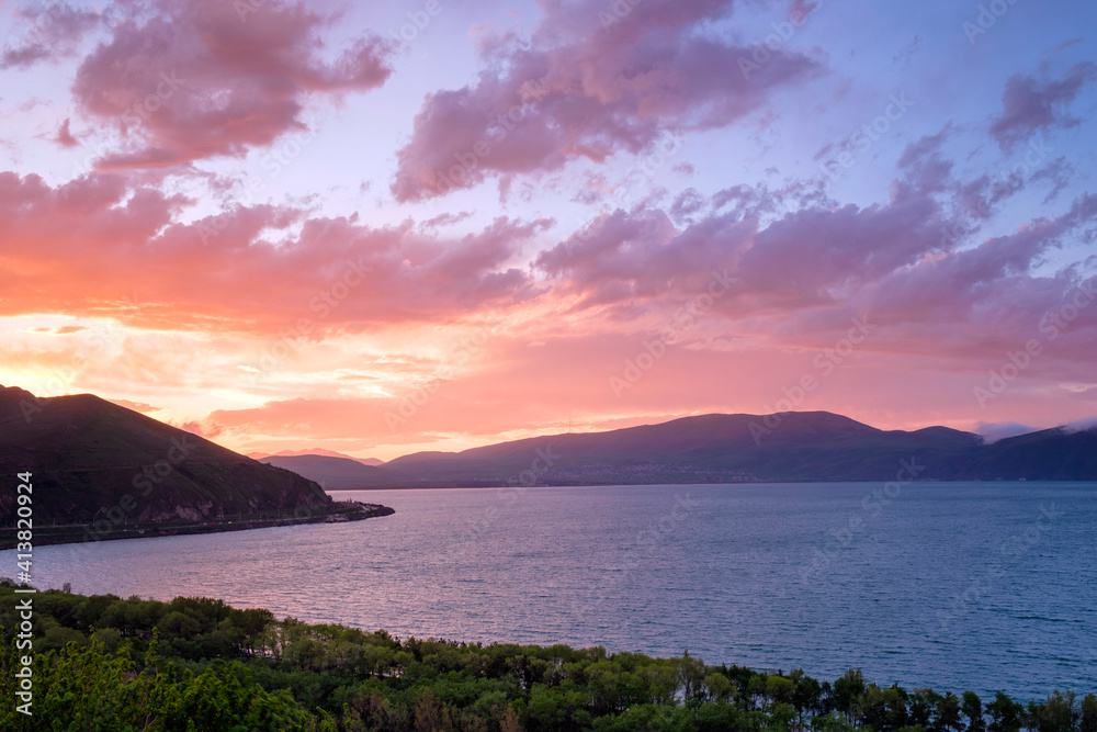 Lake Sevan at sunset, Sevan, Gegharkunik Province, Armenia Lake Sevan at sunset, Sevan, Gegharkunik Province, Armenia
