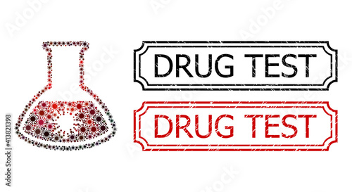 Mosaic virus analysis retort united from covid-2019 items, and grunge Drug Test rectangle stamps with notches.