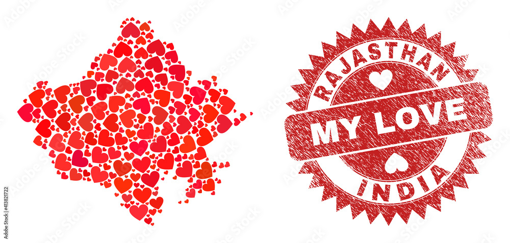 Vector mosaic Rajasthan State map of love heart items and grunge My Love seal stamp. Collage geographic Rajasthan State map designed with love hearts. Vector mosaic Rajasthan State map of love heart items and grunge My Love seal stamp. Collage geographic Rajasthan State map designed with love hearts.