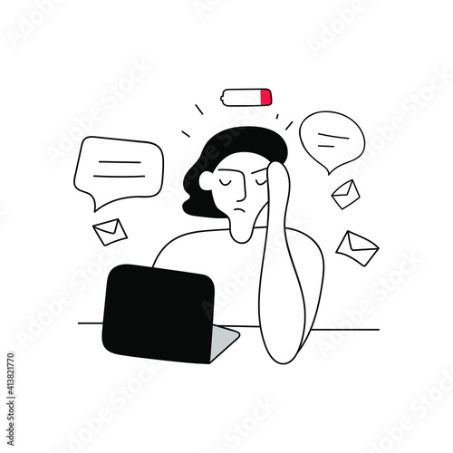 Young woman has low energy and overloaded at work. Vector outline illustration. 