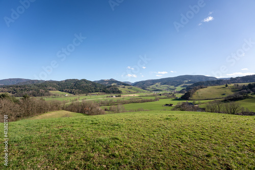 the view over oberried and kirchzarten towards the mountains hinterwaldkopf and stollenbach