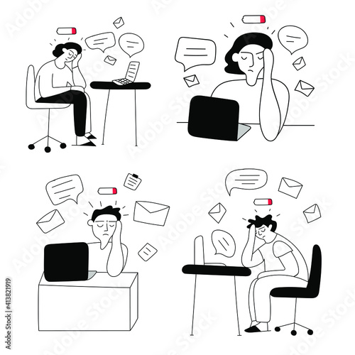 Set of vector illustrations about stress, burnout and overloaded at work.  