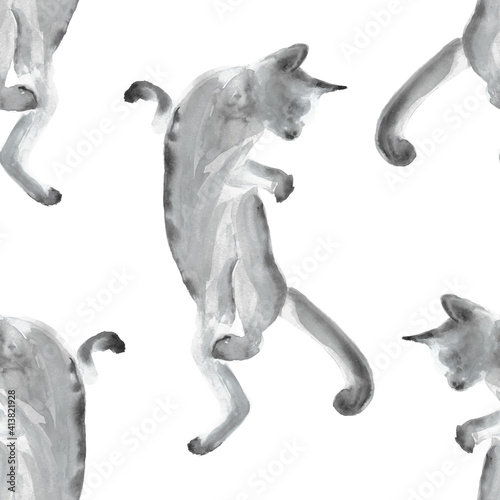 Cat watercolor seamless pattern. Hand-painted animal background. Abstract pet wallpaper texture. Vector endless illustration.