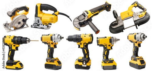 Electric tool set cordless rechargeable screwdrivers , Angle Grinder,circular saws ,cordless band saws,Portable Band Saw on white background