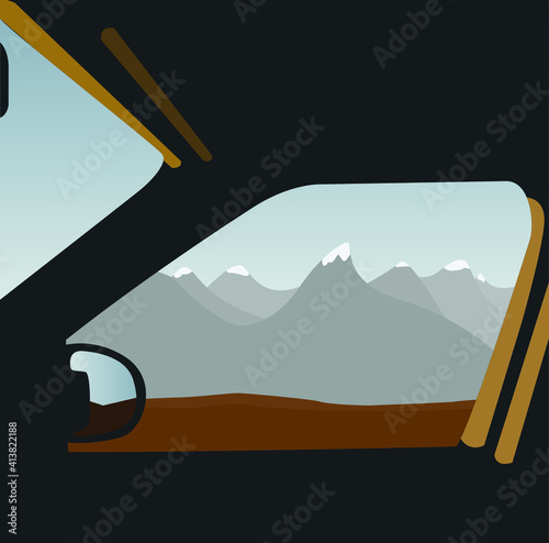 Flat picture of the view from the car window. Vector image of mountains and meadows from the car. Contemporary painting. Design for posters, postcards, textiles, paintings, backgrounds.