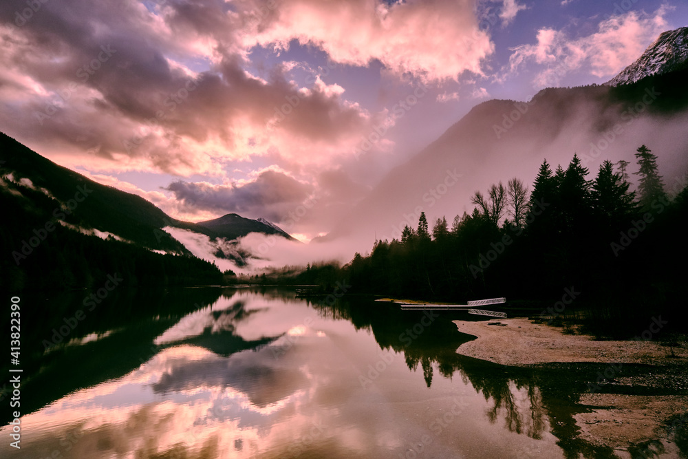 Morning fog rolls through forest at Diablo Lake, Washington. Morning fog rolls through forest at Diablo Lake, Washington.