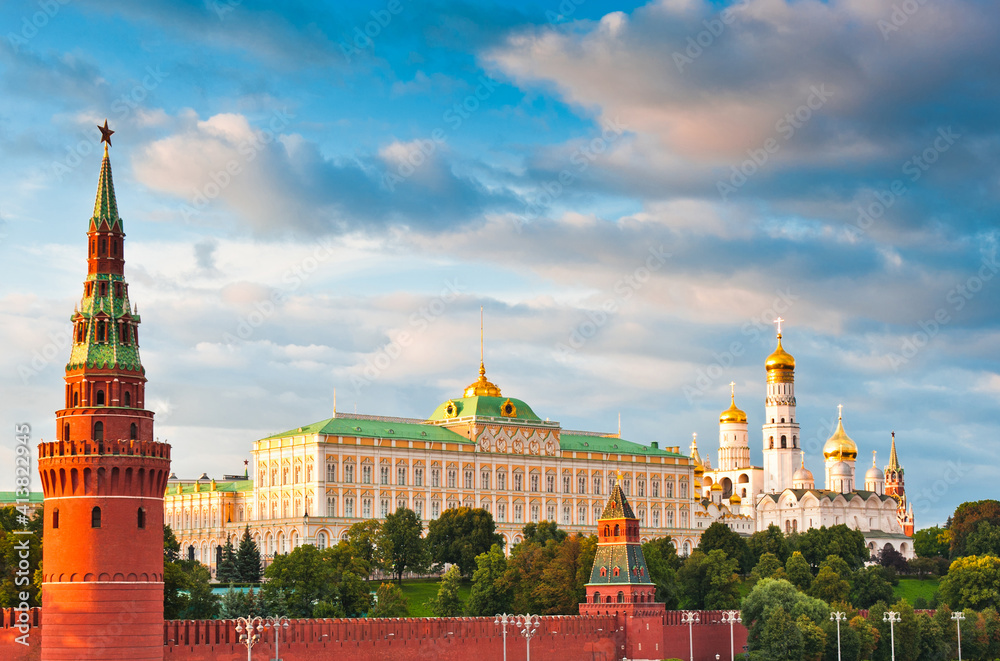 The Grand Kremlin Palace and Kremlin wall. Summer sunset. Moscow. Russia