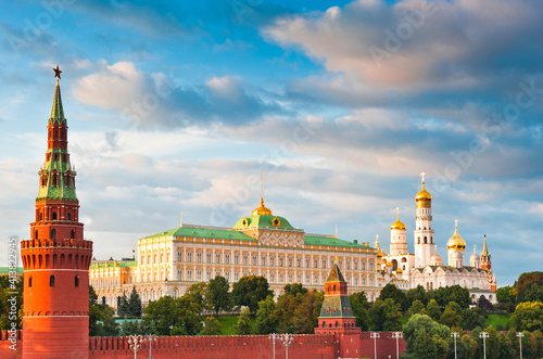 The Grand Kremlin Palace and Kremlin wall. Summer sunset. Moscow. Russia