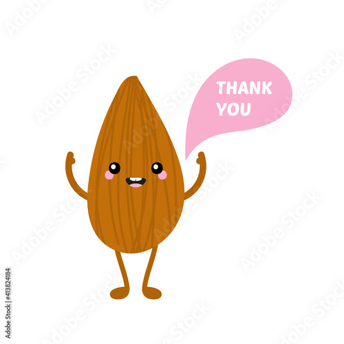 Cute cartoon style almond nut character with speech bubble saying thank you, showing appreciation.